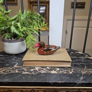 Vintage Enesco Duck Figurine High Gloss Faux Wood Grain Paperweight Rustic Decor
